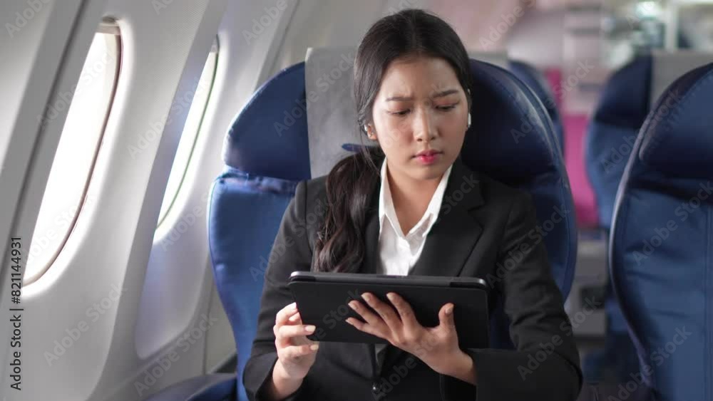 An Asian businesswoman in a semi-formal suit is using a tablet to listen to and analyze business data from a past meeting while traveling to a conference in business class on a plane An Asian businesswoman in a semi-formal suit is using a tablet to listen to and analyze business data from a past meeting while traveling to a conference in business class on a plane