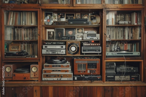 A cabinet showcasing a collection of collectible vinyl records and turntable equipment. photo