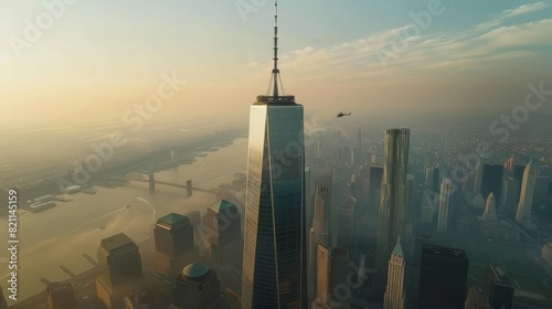 Helicopter flying above One World Trade Center with a view of the greater New York City boroughs. Aerial photo with One World Trade Center Skyscraper with antenna.