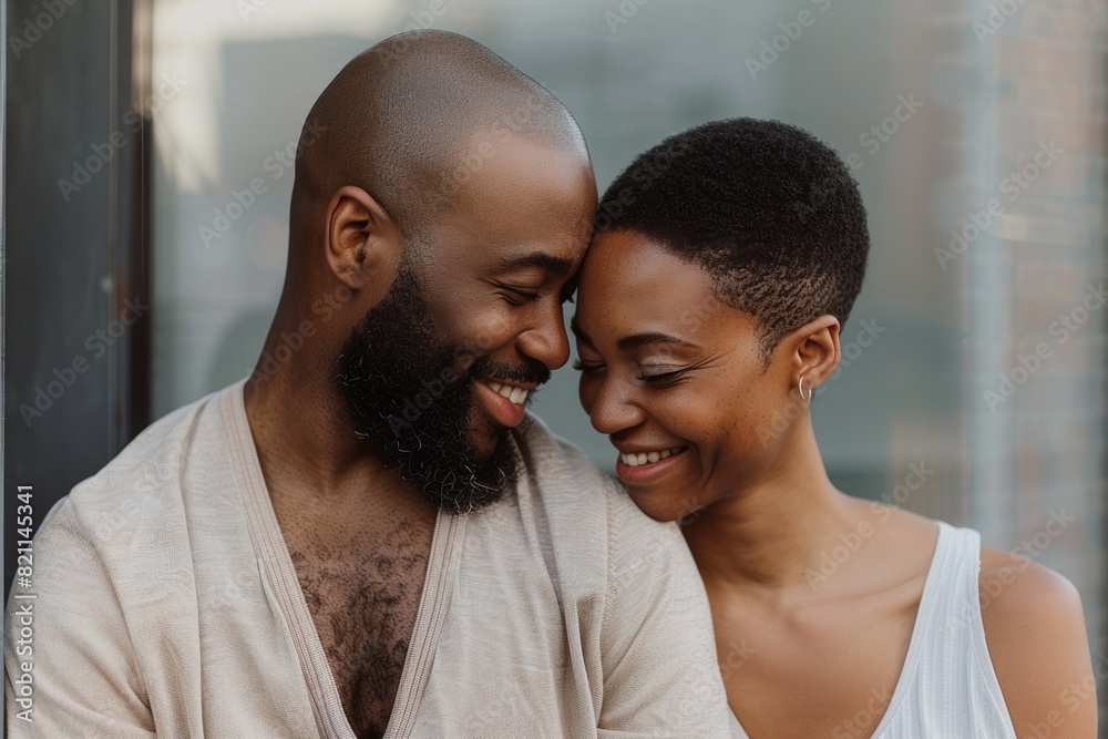 Obraz premium Black couple on date in Nigeria for love, care, and happiness. Happy man, woman walking on metropolitan streets, roads, and outdoors with embrace, freedom, and smile