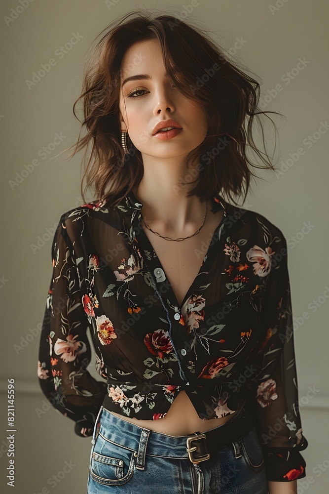 Woman in a floral shirt and jeans posing for a picture Woman in a floral shirt and jeans posing for a picture