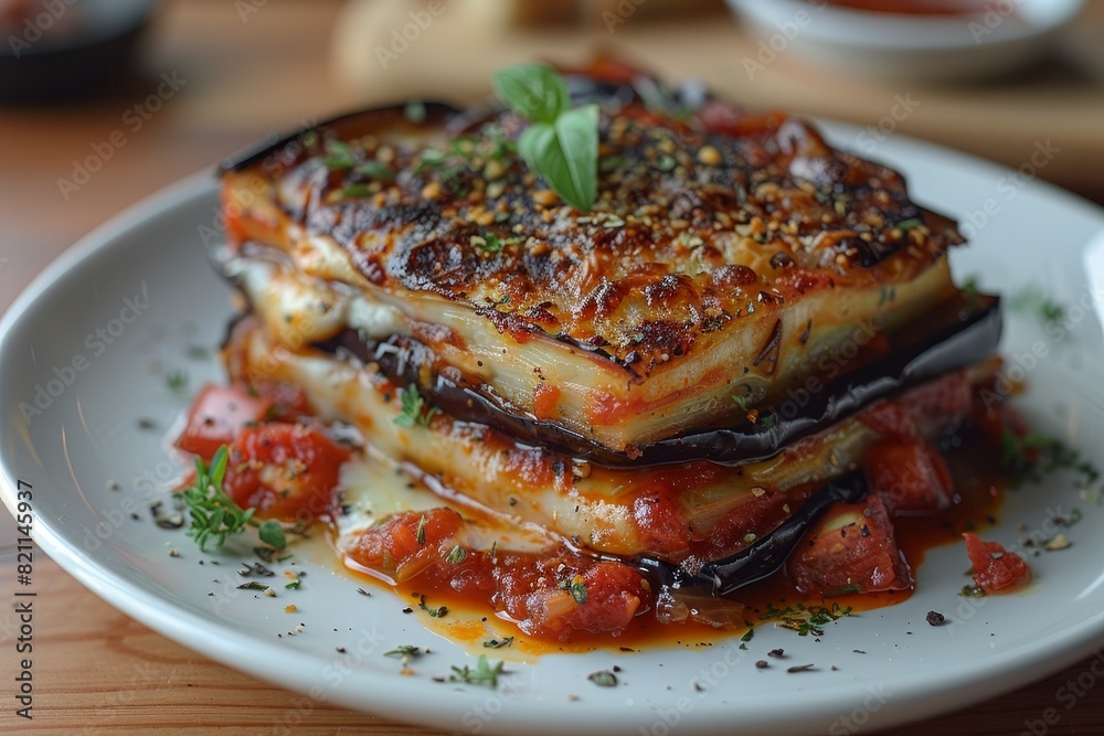 Parmigiana di Melanzane: Layers of fried eggplant, rich tomato sauce, and melted mozzarella, baked to a golden brown. Parmigiana di Melanzane: Layers of fried eggplant, rich tomato sauce, and melted mozzarella, baked to a golden brown.