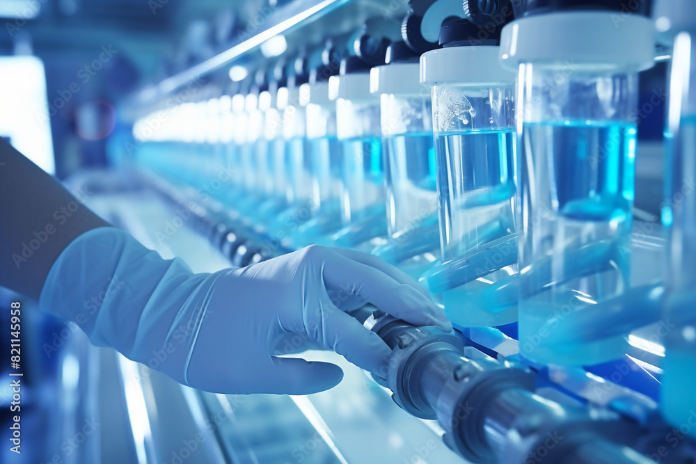 Hands with blue sanitary gloves are inspecting a row of glass medical tubes on a production line moving along a conveyer belt in a pharmaceutical factory lab equipment for science research Hands with blue sanitary gloves are inspecting a row of glass medical tubes on a production line moving along a conveyer belt in a pharmaceutical factory lab equipment for science research