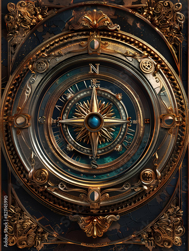 The image is a compass with a beautiful golden case decorated with turquoise details. The compass is surrounded by gears and other mechanical elements.