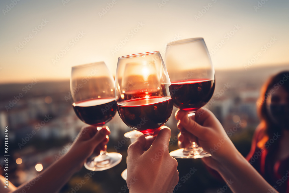 a group of friends hands toasting with red wine glasses during a party at home with a city background during the day, a happy celebration concept