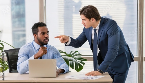 Boss threatening with finger his employee in office. Angry mean boss yelling at employee for missing deadline