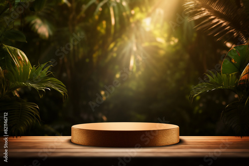 An empty round wooden podium set amidst a lush tropical forest with water drops and minimalist background a product display background or wallpaper concept with backlighting © pangamedia