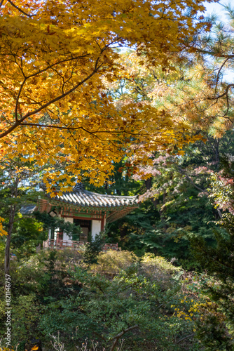 Korean Traditional Building in Secret Garden or Huwon of Changdeokgung Palace with beautiful autumn foliage. It was used as a place of leisure by members of the royal family