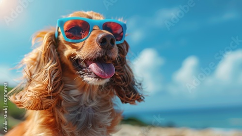 dog in sunglasses smiles against the blue sky. summer