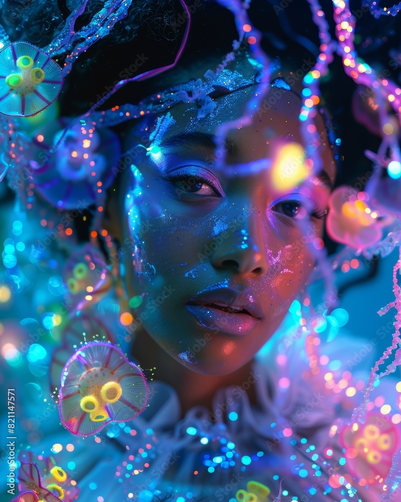 Stunningly beautiful black woman with glowing cobalt blue hair swimming with a flock of glowing pink, yellow and lime jellyfish in an underwater glow in the dark, mermaid fashion photography. Stunningly beautiful black woman with glowing cobalt blue hair swimming with a flock of glowing pink, yellow and lime jellyfish in an underwater glow in the dark, mermaid fashion photography.