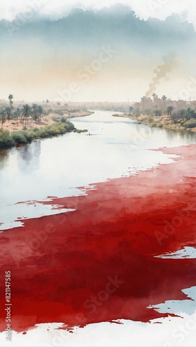 The Egyptian Plagues. An artwork in watercolour depicting the Nile River changing into blood.