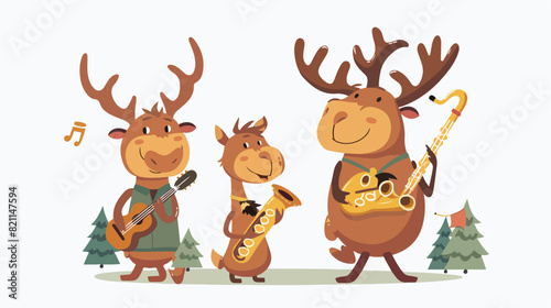 Cute amusing elk family playing musical instruments.