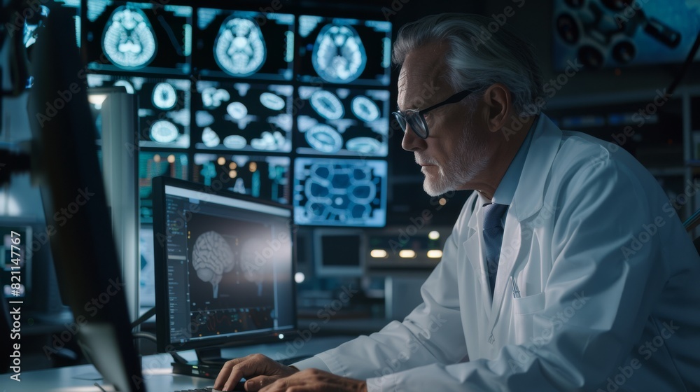 In a laboratory at a medical research center, a senior male neuroscientist analyzes MRI scans of the brain on a desktop computer. A Caucasian neurosurgeon examines a CT scan of a patient suffering