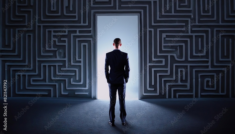 Businessman standing in front of the entrance to the maze Businessman standing in front of the entrance to the maze
