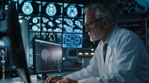 In a laboratory at a medical research center, a senior male neuroscientist analyzes MRI scans of the brain on a desktop computer. A Caucasian neurosurgeon examines a CT scan of a patient suffering photo