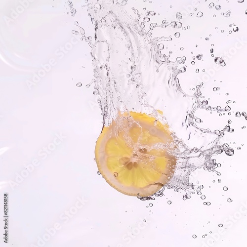 A lemon is floating in a splash of water