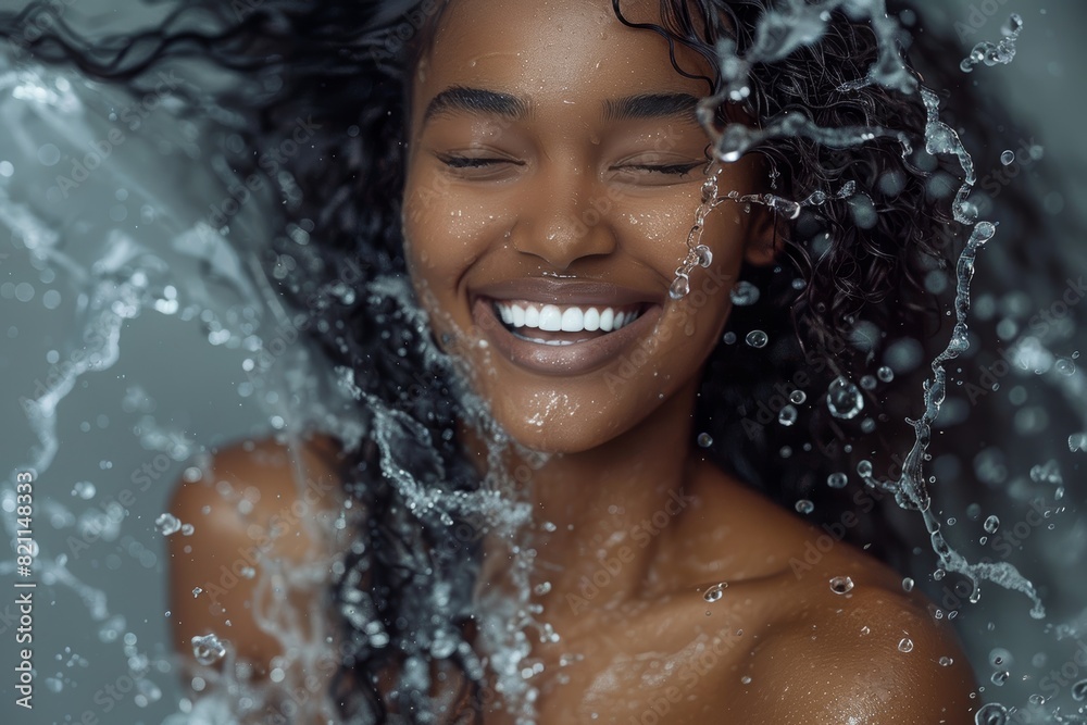 Black woman's healthy, wet hair and skincare beauty with cosmetics mockup to hydrate, nourish, and moisturize African hair. Clear skin, makeup, and gray studio background