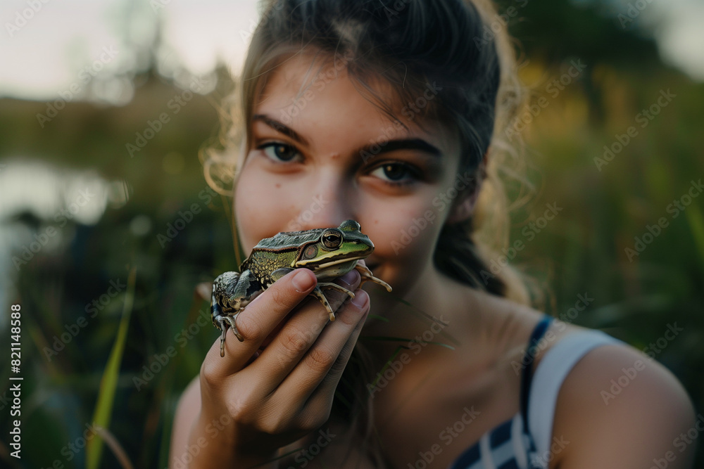 Young girl holding a frog in her hand