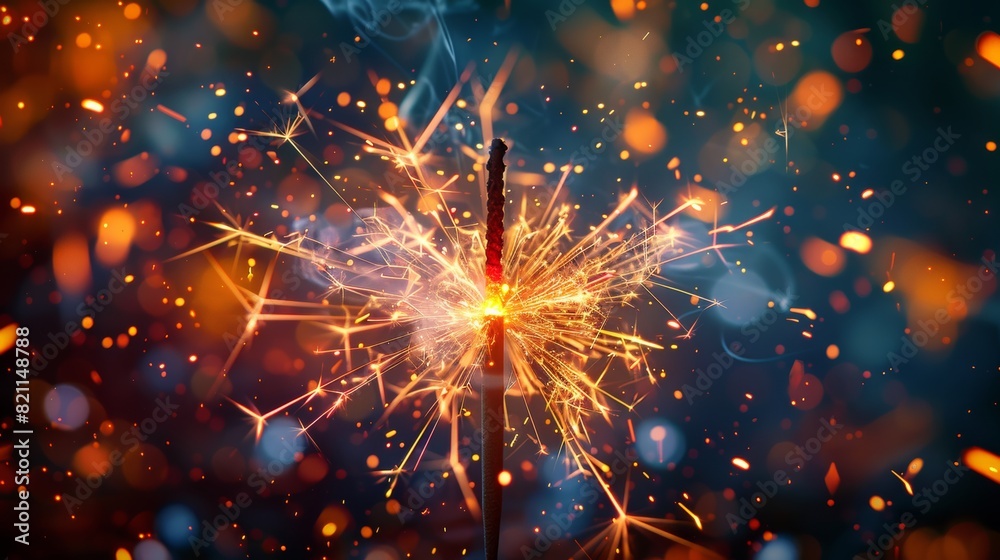 Obraz premium Close-up of a bright sparkler igniting with vibrant fiery particles scattered across a dark backdrop