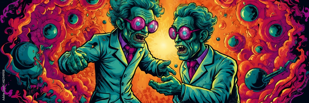 A highly stylized comic book illustration featuring two scientist characters in a psychedelic backdrop A highly stylized comic book illustration featuring two scientist characters in a psychedelic backdrop