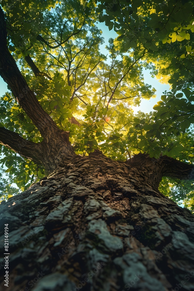 Fototapeta premium Looking up at a tree with the sun shining through the leaves