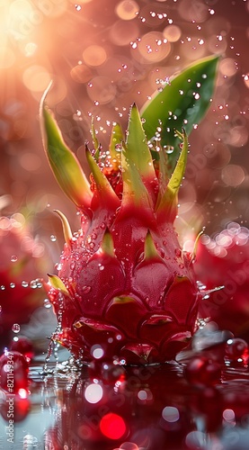  dragon fruit  fresh and beautiful  with water droplets splashing 