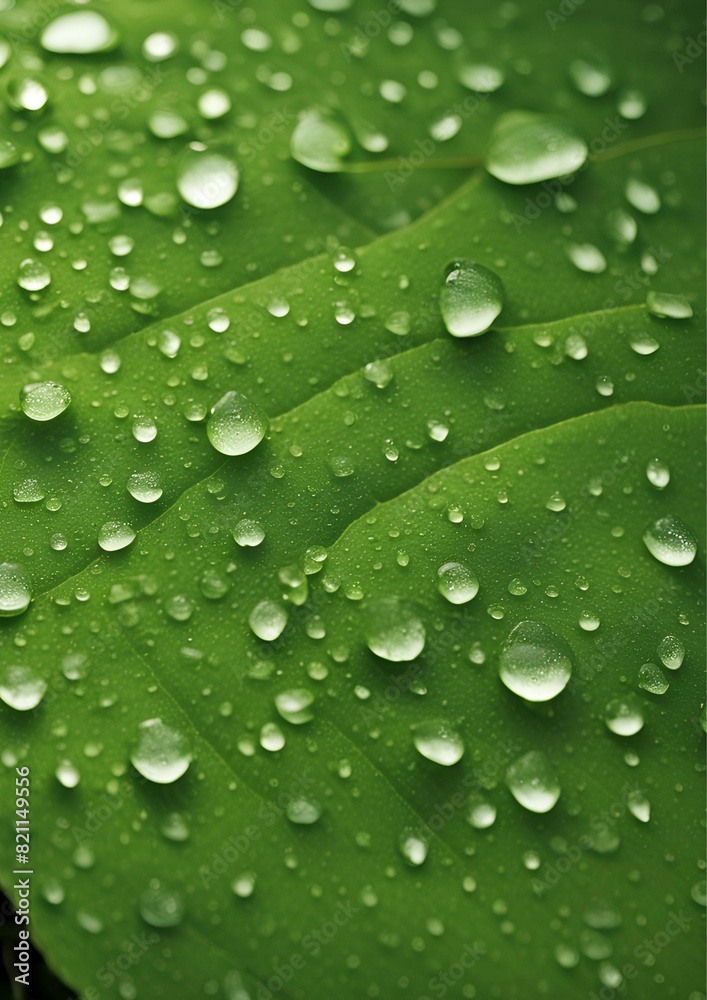Close-up of a green leaf with perfectly formed dew drops Close-up of a green leaf with perfectly formed dew drops