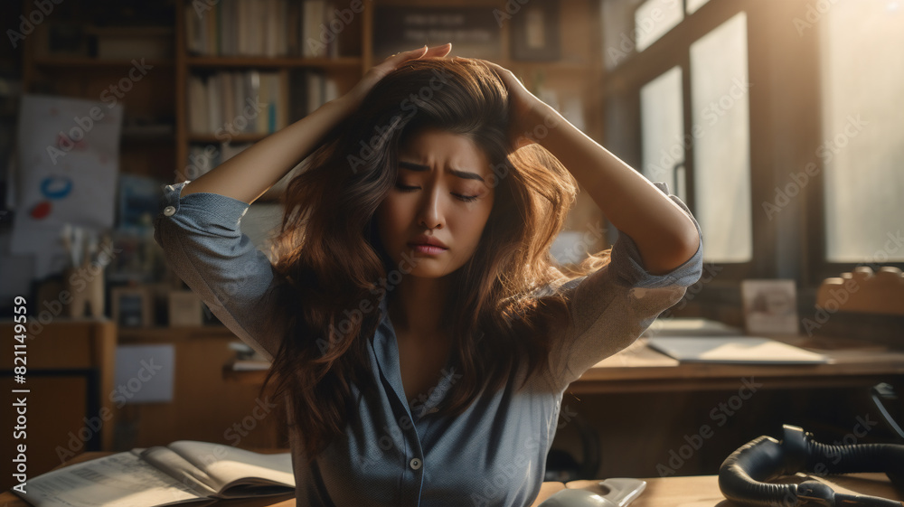 A tired and frustrated young adult and Mongolian business woman is standing in front of her wooden office desk with her hands in her hair with backlighting A tired and frustrated young adult and Mongolian business woman is standing in front of her wooden office desk with her hands in her hair with backlighting