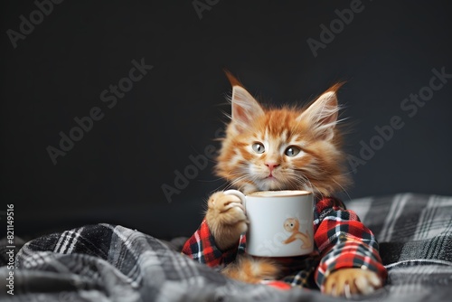 Cute red cat in pajamas holding coffee mug in bed, Lazy, snuggly and relaxed morning concept