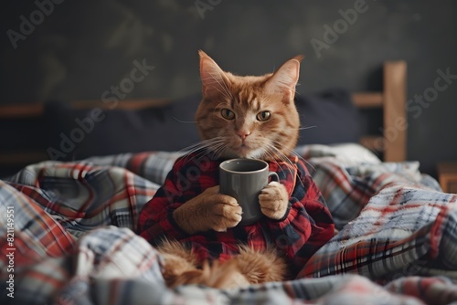 Cute red cat in pajamas holding coffee mug in bed, Lazy, snuggly and relaxed morning concept