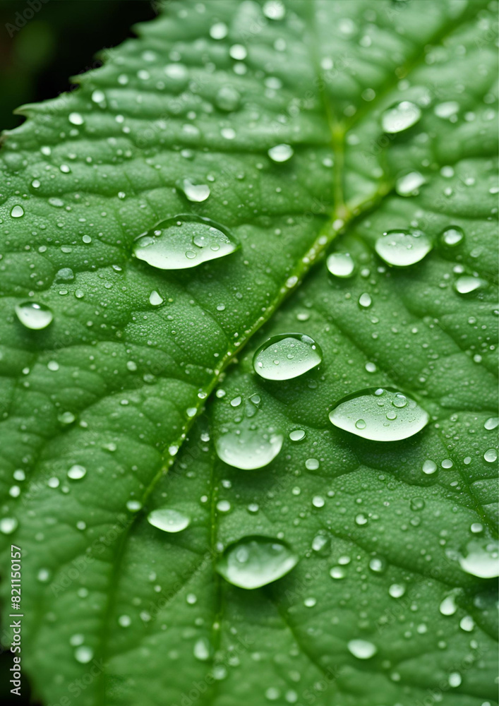 Close-up of a green leaf with perfectly formed dew drops Close-up of a green leaf with perfectly formed dew drops