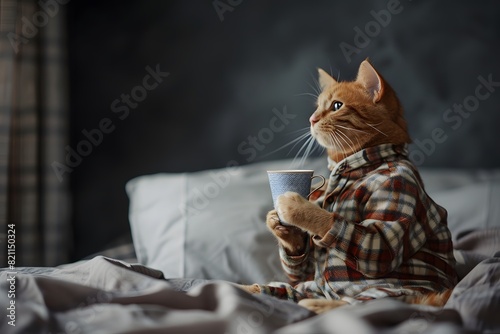 Cute cat in pajamas holding coffee mug in bed, Lazy, snuggly and relaxed morning concept