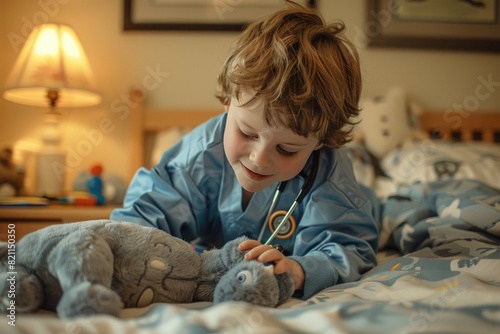 A child using a toy reflex hammer from a play doctor kit to test the reflexes of a stuffed animal, while pretending to be a doctor photo