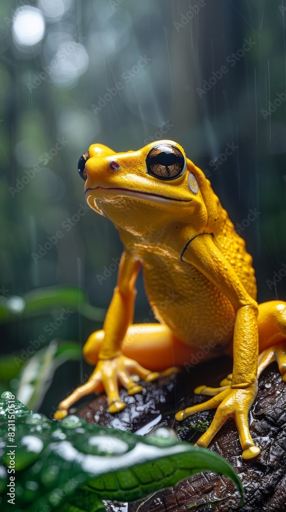 a yellow Poison dart frog sitting on a log in the Amazonian rainforest beside a spring and waterfall with green thicket on the edges a yellow Poison dart frog sitting on a log in the Amazonian rainforest beside a spring and waterfall with green thicket on the edges