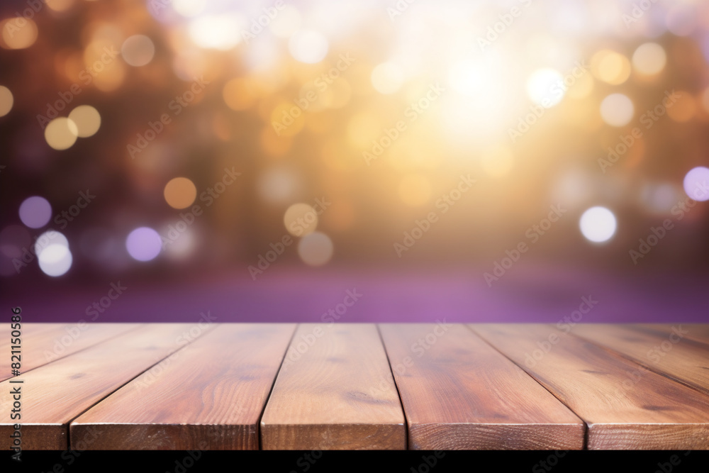 Empty wooden planks or tabletop in front of a blurred bokeh purple background and modern background a product display background or wallpaper concept with backlighting