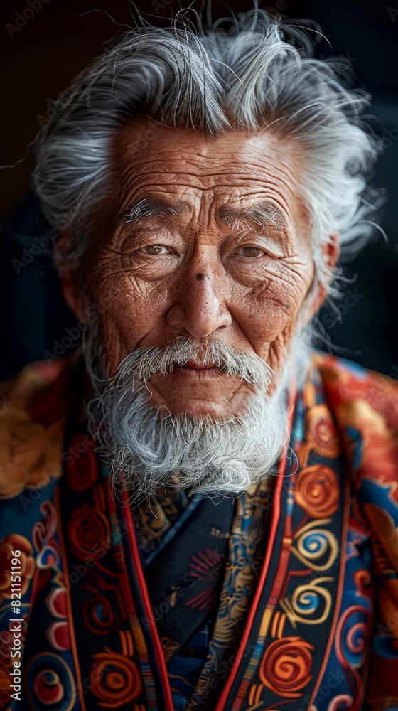 A 70-year-old man of Mongolian Chinese descent.   The hair on the head and beard are gray. Wearing traditional Mongolian clothing