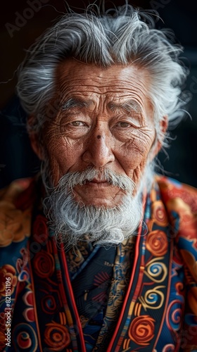 A 70-year-old man of Mongolian Chinese descent. The hair on the head and beard are gray. Wearing traditional Mongolian clothing