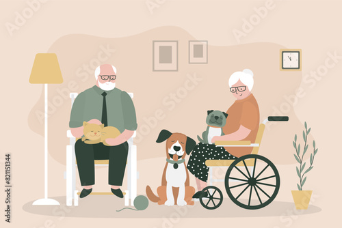 Elderly people in wheelchairs playing with dogs and cat. Lives a full life despite his disability and enjoys the moments. Old person receiving animal assisted therapy.