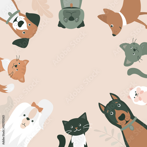 Frame or poster template, place for text. Set of cute dogs, cats and hamster. Graphic design for decorated, greeting card. Sketches of pets for design and decoration.