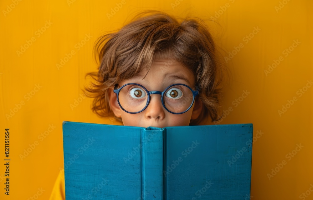 Young kid , boy with glasses hiding behind blue book, yellow background, surprised face expression Young kid , boy with glasses hiding behind blue book, yellow background, surprised face expression