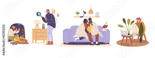 Multi-ethnic Group Of Characters In A Living Room Setting, All Trying To Stay Warm During Cold Weather