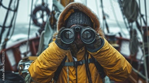 In a warm jacket, an explorer stands on a ship and watches through binoculars as the wind blows. photo