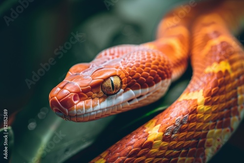 orange corn snake at home enclosure with green leaves closeup, exotic reptile vet ad
