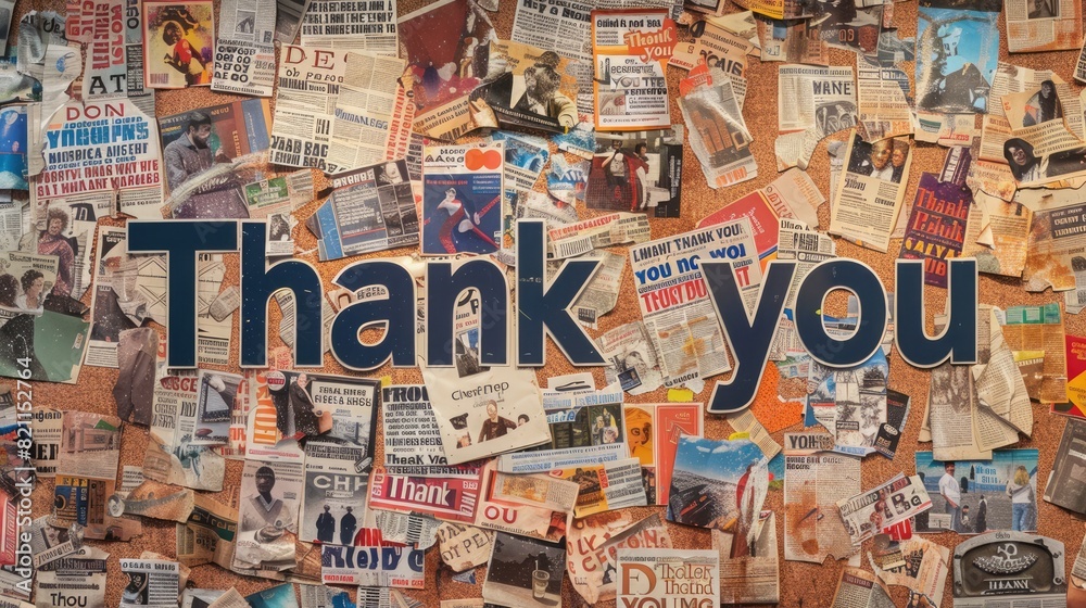 Naklejka premium Creative thank you note from newspaper headlines pinned on bulletin board