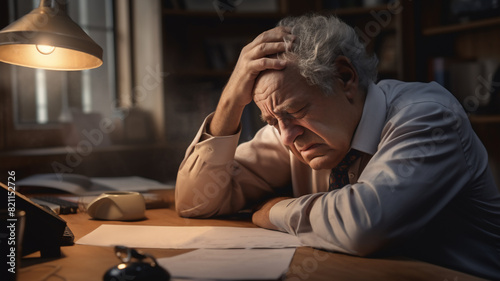 A tired and frustrated elderly and South-African business man is sitting at his modern office desk with his hands in her hair with backlighting photo