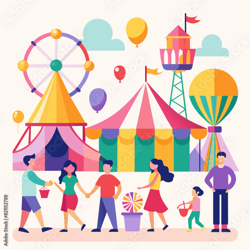 Colorful amusement park with people, ferris wheel, and balloons. Flat illustration on a light blue background. Fun and entertainment concept. Design for posters, banners, print.