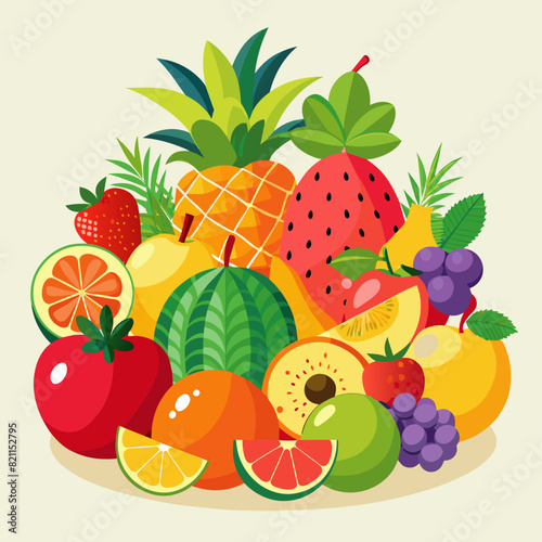 Assorted tropical fruits including pineapple, citrus, and berries. Flat illustration on a white background. Healthy eating and exotic fruits concept. Design for posters, banners, print.