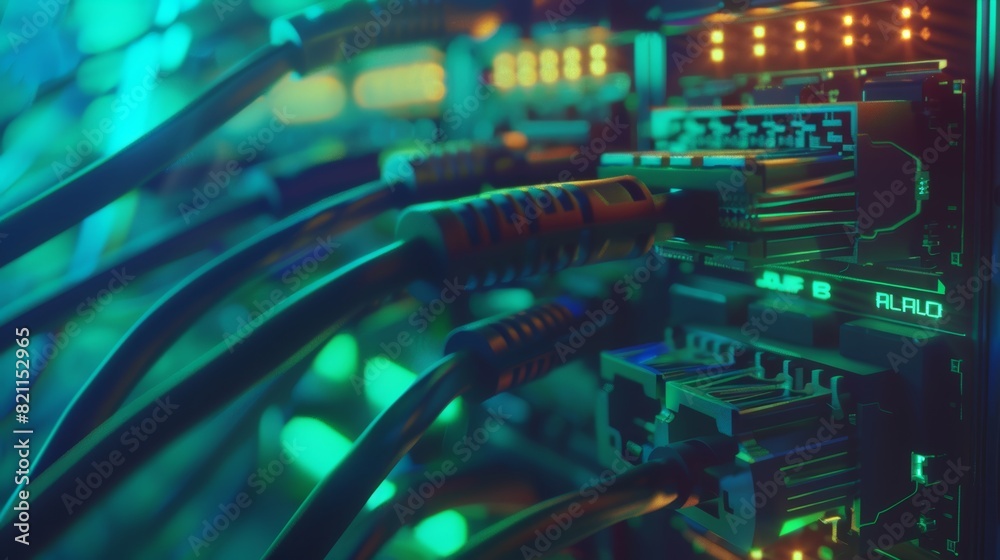 Blinking lights on cable linked to router port. RJ45 connectors connected to modem LAN