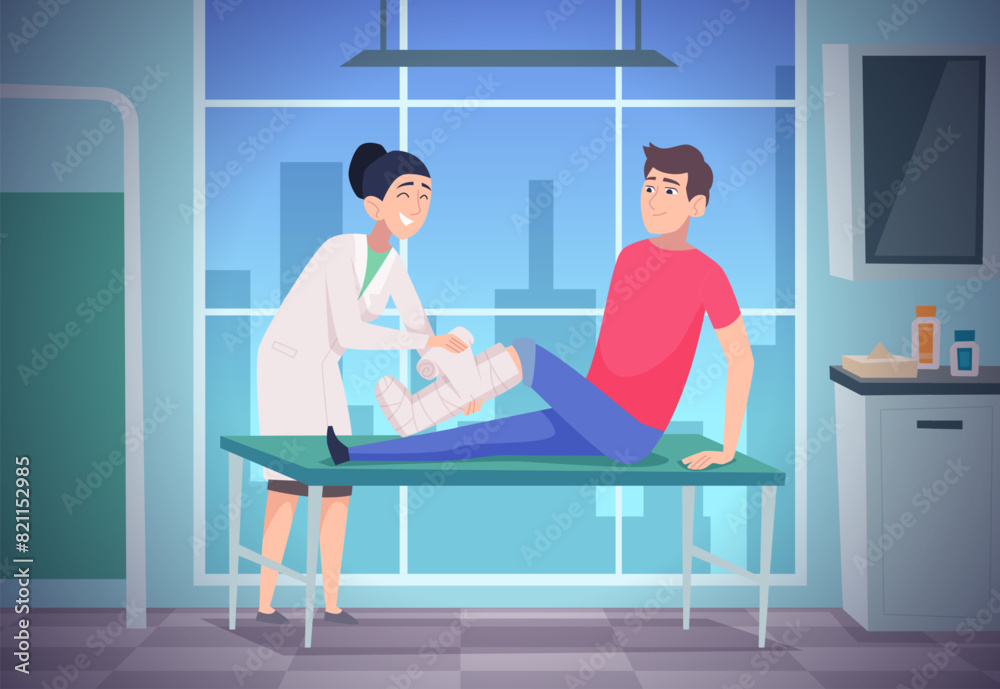 Fototapeta premium Medical cabinet. Injury man with bandaged body doctor consulting exact vector cartoon background illustration