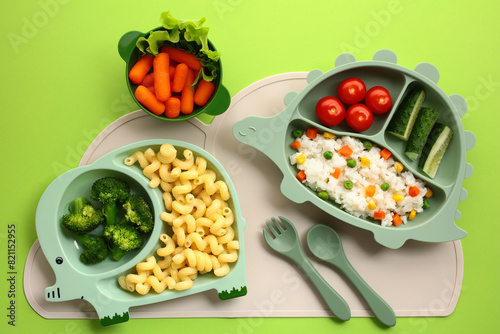Kids Meal Art. Colorful childrens meals in animal-shaped dishes. Features pasta, broccoli, tomatoes, rice, peas, carrots, cucumbers, and lettuce. Ideal for content on kids nutrition and creative meal